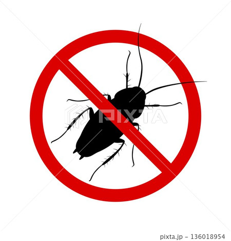 Anti-cockroach icon, pest control, destruction of parasites, stop insect , black contour, isolated, white background 136018954
