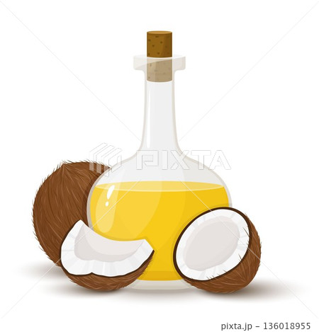 Coconut oil in glass bottle. Coconuts whole and broken nut. Flat illustration vector isolated on white background. Organic healthy product. Cosmetic product. 136018955