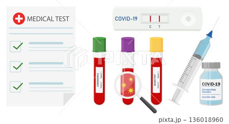 COVID-19 test, Positive Test Results Form. Tubes with blood sample, and rapid test. Vaccine vial with syringe. Concept of Coronavirus rapid test. Vector illustration in flat style. 136018960