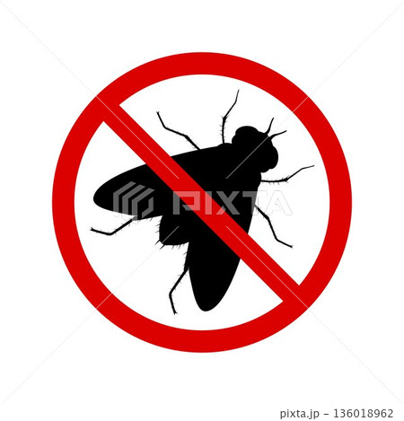 No fly with ban sign. Anti fly pest control ban, prohibition parasitic insects silhouette vector. Stop fly insects vector icon, symbol 136018962