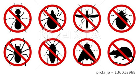 Anti pest control ban, prohibition parasitic insects. Stop, warning, forbidden bug icon set. No, prohibit signs of cockroaches, spiders, fly,mite, ticks, mosquitoes, ants, rats, bug Anti pest control ban, prohibition parasitic insects. Stop, warning, forbidden bug icon set. No, prohibit signs of cockroaches, spiders, fly,mite, ticks, mosquitoes, ants, rats, bug 136018969