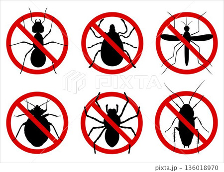 Anti pest control ban, prohibition parasitic insects. Stop, warning, forbidden bug icon set. No, prohibit signs of cockroaches, spiders, ticks, mosquitoes, ants, bug, mite. 136018970
