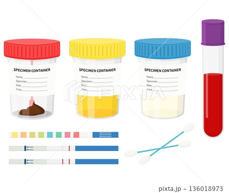Laboratory tests. Test urine, feces, semen, and blood in plastic jars with colored lids 136018973