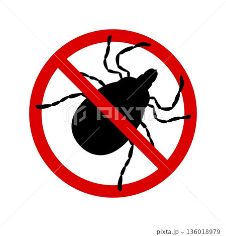 Mite warning sign. Stop parasite icon, vector illustration, silhouette, black and red, tick in a red circle, isolated on white, flat style 136018979
