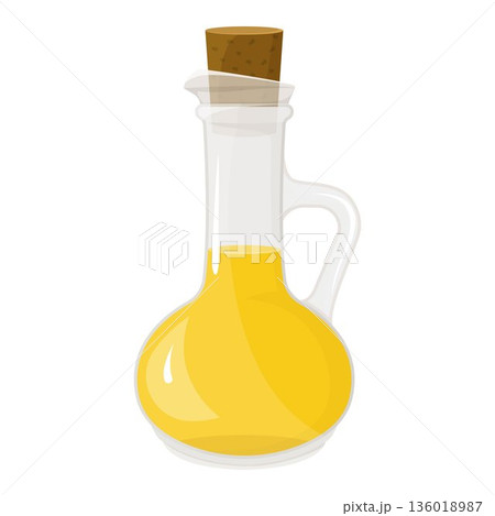 Oil in a glass bottle isolated on white. Vector illustration in a flat style. Natural organic healthy oil product. Vegetable oil. Oil in a glass bottle isolated on white. Vector illustration in a flat style. Natural organic healthy oil product. Vegetable oil. 136018987