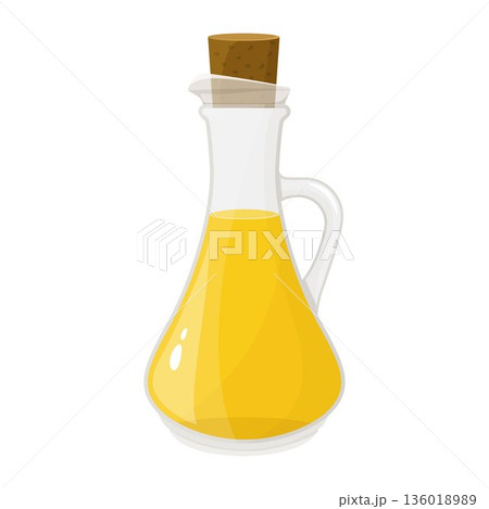Oil in a glass bottle isolated on white. Vector illustration in a flat style. Natural organic healthy oil product. Vegetable oil. 136018989