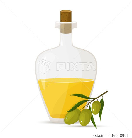 Glass bottle of olive oil and branch of olives, vector flat design 136018991