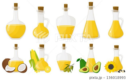 A set of glass bottles with different oils. Olive, sunflower, corn, coconut, and avocado oils. Flat design, vector 136018993
