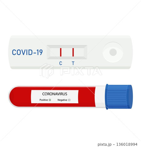 Express covid-19 test, Rapid covid-19 test and in vitro blood test tube. Laboratory research. Positive test result for coronavirus infection, flat style Express covid-19 test, Rapid covid-19 test and in vitro blood test tube. Laboratory research. Positive test result for coronavirus infection, flat style 136018994