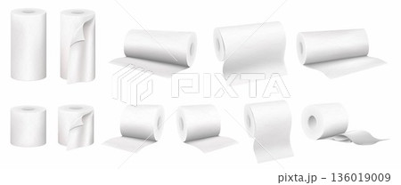 Set of rolled paper towels and toilet paper, vector 3D realistic set isolated on white background Set of rolled paper towels and toilet paper, vector 3D realistic set isolated on white background 136019009