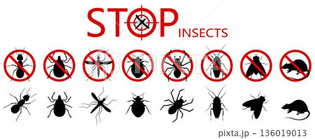 Anti pest control ban, prohibition parasitic insects. Stop, warning, forbidden bug icon set. No, prohibit signs of cockroaches, spiders, fly,mite, ticks, mosquitoes, ants, rats, bug 136019013