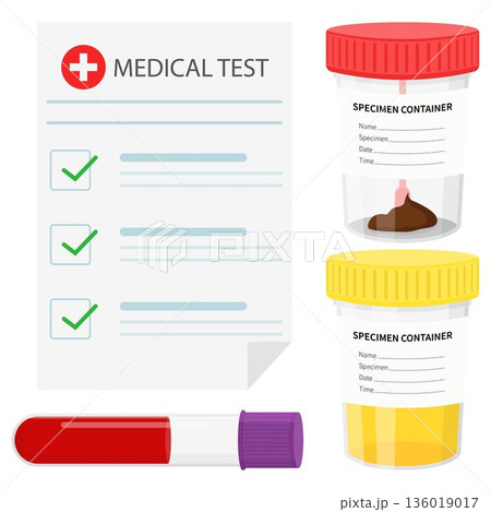 Laboratory tests. Test Results Form. Test urine, feces and blood in plastic jars with colored lids 136019017