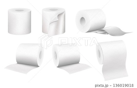 Realistic toilet paper roll set isolated on white background. Collection of soft textured sanitary napkin in different angles and positions , 3D illustration 136019018