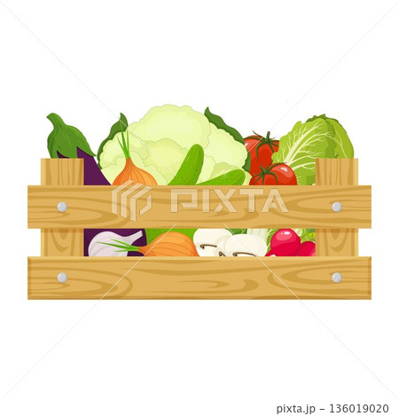 Wooden box with different fresh vegetables Isolated on white background. Vector illustration of farm organic food cartoon flat style. 136019020