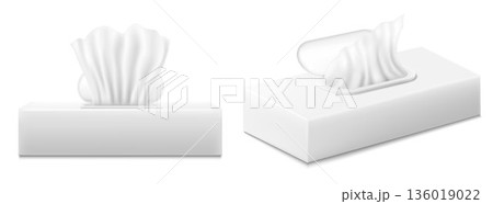 Napkin boxes. Set of White Tissue napkin box blank label and no text for mock up packaging isolated on white. Paper towel and antibacterial wet wipes disposable sachet, realistic 3d vector Napkin boxes. Set of White Tissue napkin box blank label and no text for mock up packaging isolated on white. Paper towel and antibacterial wet wipes disposable sachet, realistic 3d vector 136019022
