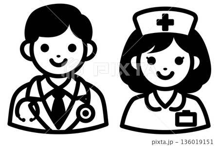 医師と看護師のアイコンセット 医療スタッフの人物イラスト モノクロ ベクター素材 136019151
