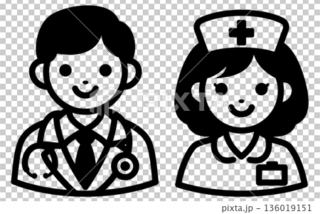 医師と看護師のアイコンセット 医療スタッフの人物イラスト モノクロ ベクター素材 136019151