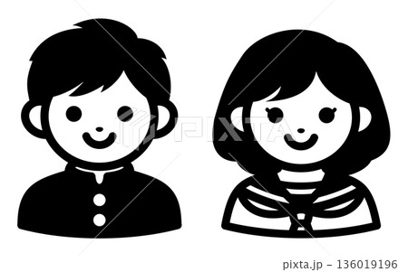 男子中学生と女子中学生のアイコンセット 学生の人物イラスト モノクロ ベクター素材 136019196