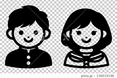 男子中学生と女子中学生のアイコンセット 学生の人物イラスト モノクロ ベクター素材 136019196