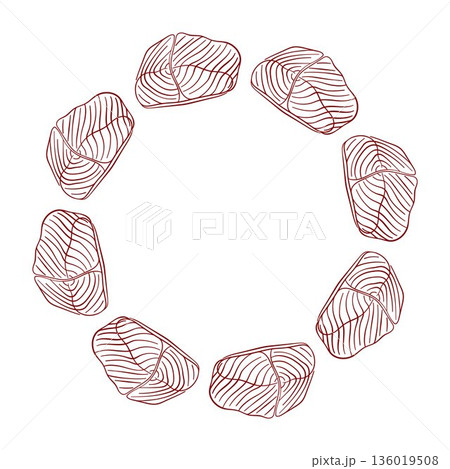 Salmon fillet slice wreath in line art style. Frame for fish and sea food restaurant menu, flyer, card isolated on a white background. Salmon fillet slice wreath in line art style. Frame for fish and sea food restaurant menu, flyer, card isolated on a white background. 136019508