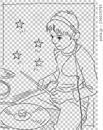 兒童打鼓 黑白照片 136019793