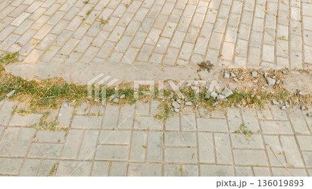 Closeup of a weathered brick pathway with grass growing through the cracks Closeup of a weathered brick pathway with grass growing through the cracks 136019893