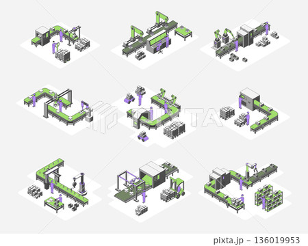 Cartoon Color Various Types Conveyor Lines Concept 3d Isometric View Line Elements. Vector illustration of Automated Label Packaging and Robotic Filling Conveyor 136019953