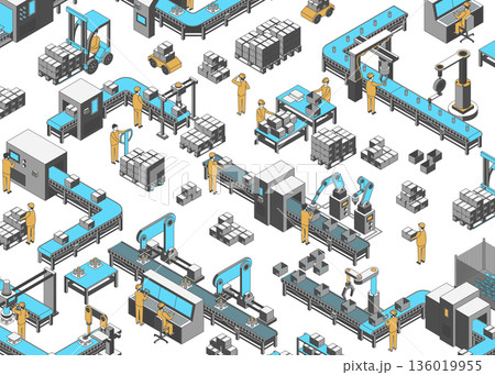 Cartoon Color Different Types Conveyor Lines for Factory Card Background 3d Isometric View Line Elements. Vector illustration 136019955