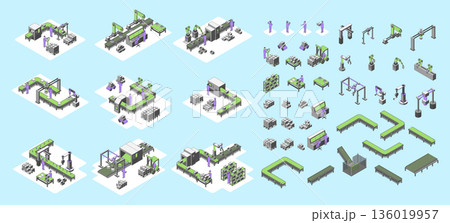 Cartoon Color Conveyor Processes Factory Concept 3d Isometric View Robotic Lines and Elements for Industrial Purposes. Vector illustration 136019957