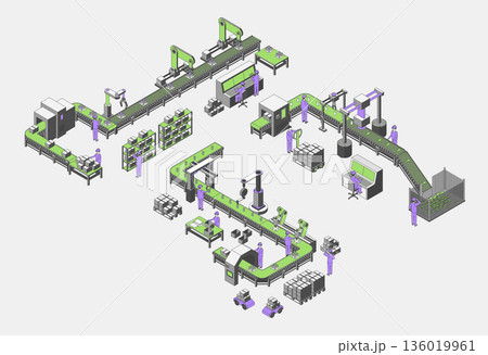 Cartoon Color Conveyor Processes Factory Concept 3d Isometric View Warehouse Workers Checks Goods on Pallets. Vector illustration 136019961
