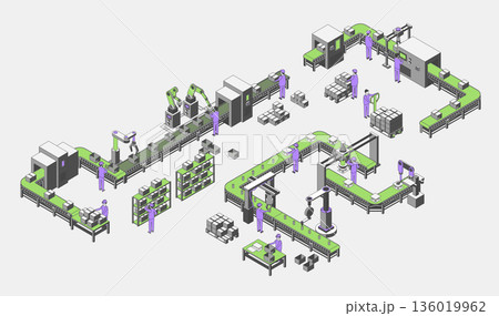 Cartoon Color Conveyor Processes Factory Concept 3d Isometric View Merchandise Shipping in Storehouse. Vector illustration 136019962