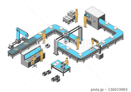 Cartoon Color Conveyor Processes Factory Concept 3d Isometric View Efficient Automation Production Components on a White. Vector illustration 136019965