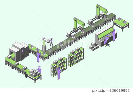 Cartoon Color Conveyor Processes Factory Concept 3d Isometric View Packingline with Cardboard Box on Plant. Vector illustration Cartoon Color Conveyor Processes Factory Concept 3d Isometric View Packingline with Cardboard Box on Plant. Vector illustration 136019992