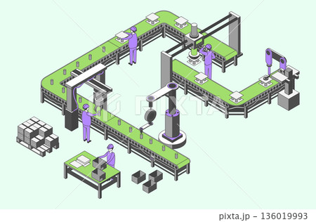 Cartoon Color Conveyor Processes Factory Concept 3d Isometric View Workers Preparing Goods For Dispatch. Vector illustration Cartoon Color Conveyor Processes Factory Concept 3d Isometric View Workers Preparing Goods For Dispatch. Vector illustration 136019993