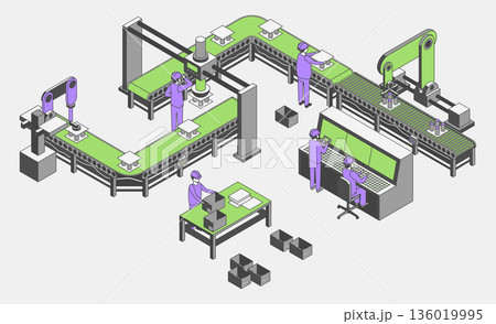 Cartoon Color Conveyor Processes Factory Concept 3d Isometric View Workers Operates of Robot Line. Vector illustration Cartoon Color Conveyor Processes Factory Concept 3d Isometric View Workers Operates of Robot Line. Vector illustration 136019995