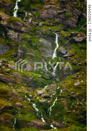 A rugged landscape is softened by flowing streams. 136020446