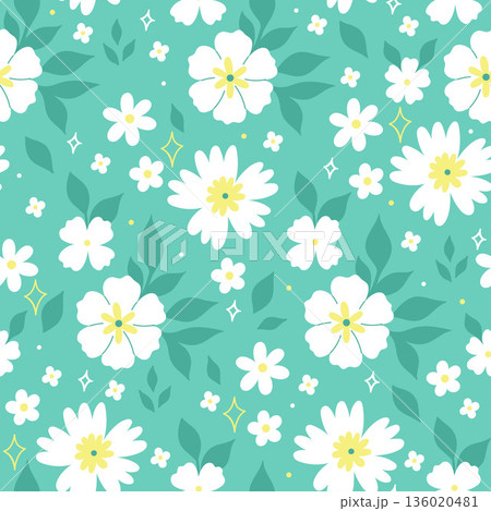 Seamless pattern with white flowers on a turquoise background. Vector graphics. 136020481
