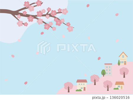 春の背景イラスト　春素材　桜と家   136020516