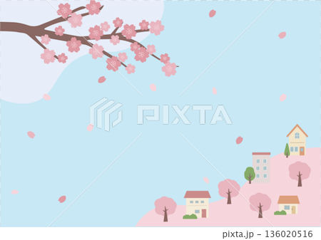 春の背景イラスト　春素材　桜と家   136020516