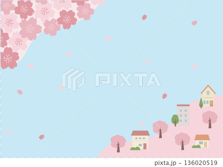 春季背景插圖,春季素材,櫻花和房屋 春季背景插圖,春季素材,櫻花和房屋 136020519