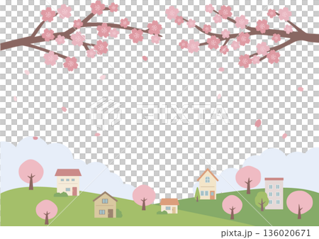 Spring background illustration Spring material Cherry blossoms and house scenery 136020671