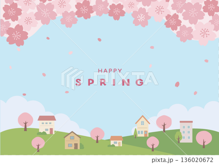 Spring background illustration Spring material Cherry blossoms and house scenery 136020672