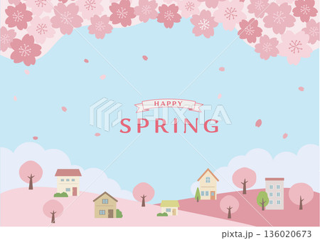 春の背景イラスト　春素材　桜と家の風景 136020673