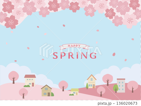 春の背景イラスト　春素材　桜と家の風景 136020673