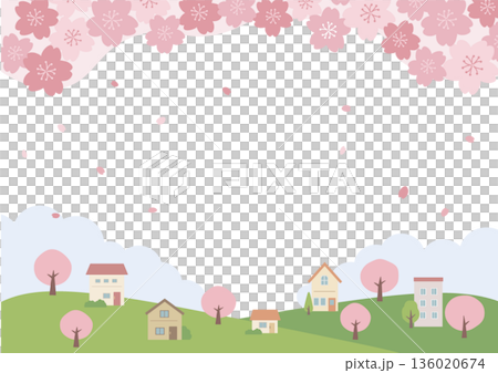 春季背景插圖，春季素材，櫻花和房屋景色 136020674