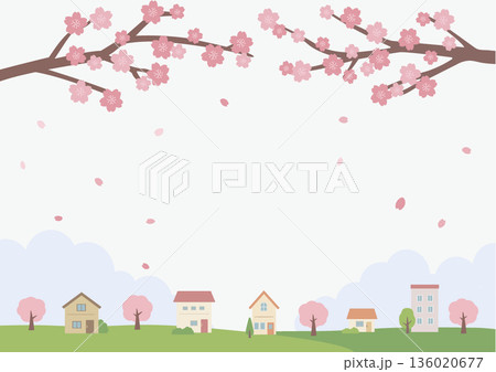 春の背景イラスト　春素材　桜と家の風景 136020677