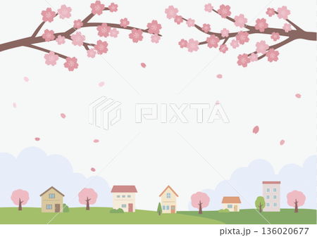 春の背景イラスト　春素材　桜と家の風景 136020677