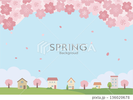 春の背景イラスト　春素材　桜と家の風景 136020678