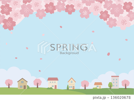 Spring background illustration Spring material Cherry blossoms and house scenery 136020678