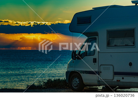 Caravan on nature in the morning at sunrise Caravan on nature in the morning at sunrise 136020736